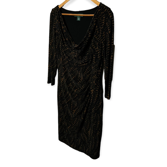 Lauren Ralph Lauren Women's Black & Brown Print Cowl Neck Ruched Side Dress Sz 8 - Picture 11 of 11